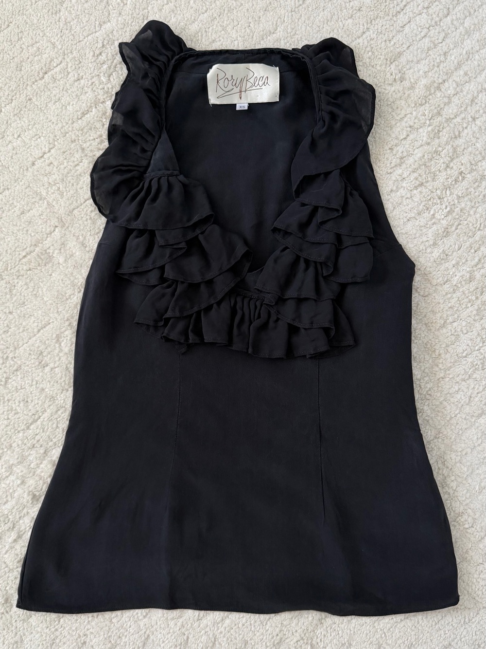 Rory Beca Black Silk Y2K Ruffle V-Neck Sleeveless Top